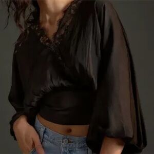 Anthropologie Dolan Black Balloon Sleeve Lace Trim Tie Open Back Blouse Goth XL